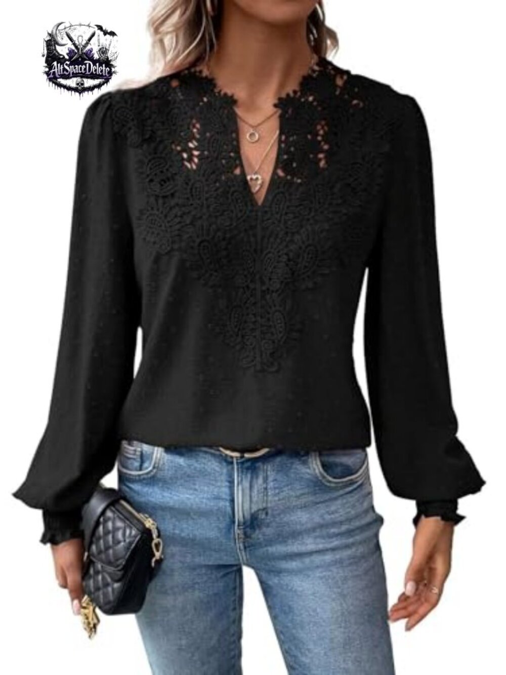 Falechay Boho Flowy Lace Floral V Neck Long Sleeve Blouse